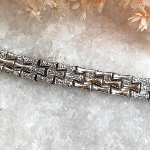 Bamboo Sectioned CZ Geometric 925 Sterling Silver Vintage Bracelet - 8" - Picture 1 of 10
